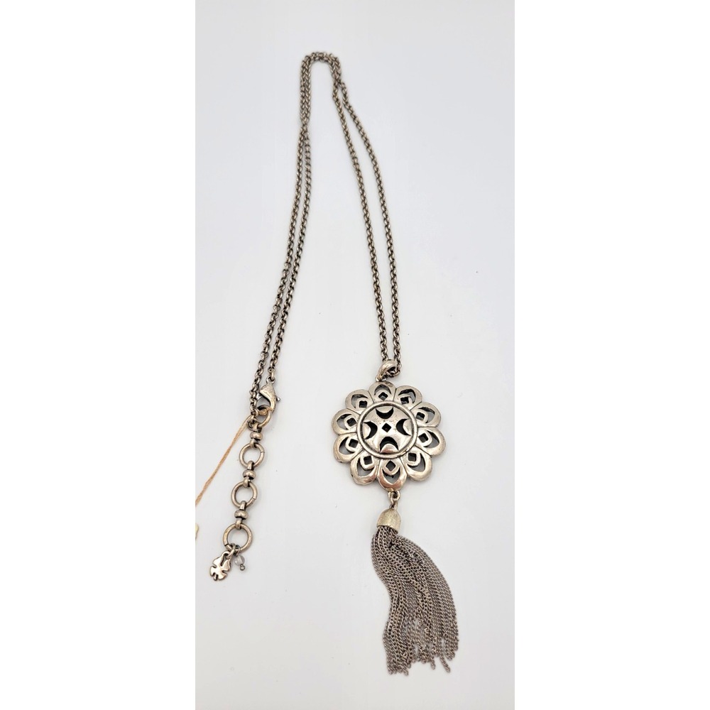 Lucky Brand Silver-Tone Flower Pendant Tassel Cable Chain Necklace Adjustable